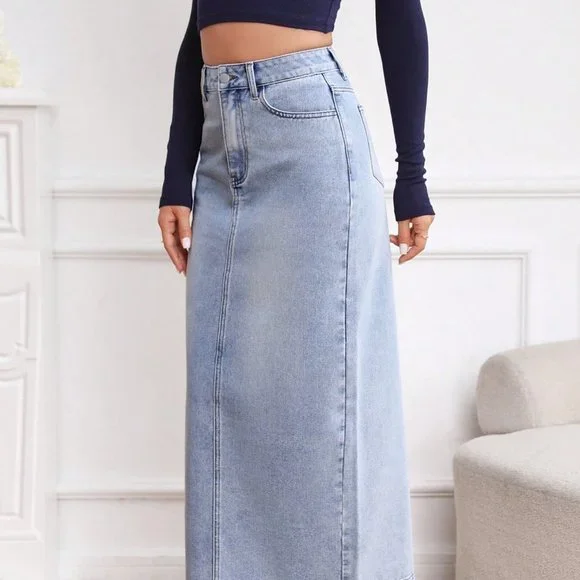 Blue Casual Womens High Waist Split Back Straight Denim Skirt - Picture 4 of 5